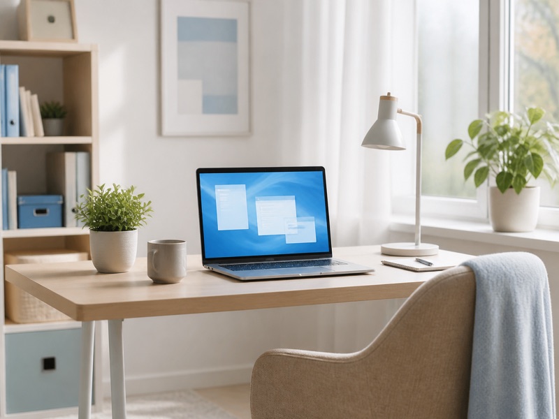 Home office with a cloud desktop open on a laptop