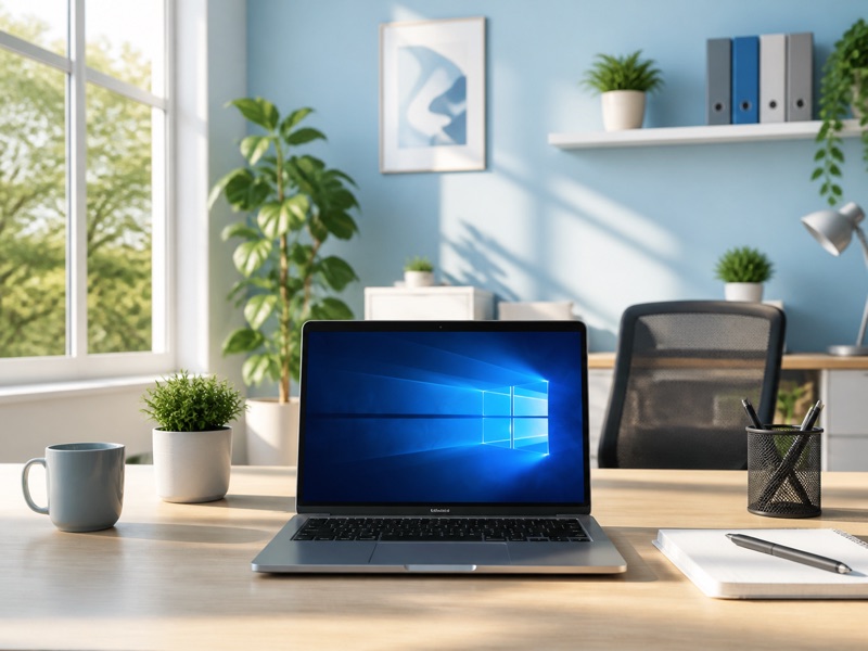 Bright office workspace with a cloud desktop open on a laptop