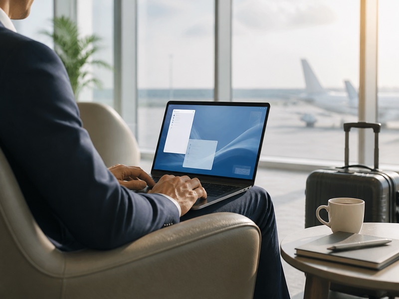 Traveler working from a cloud desktop in an airport lounge