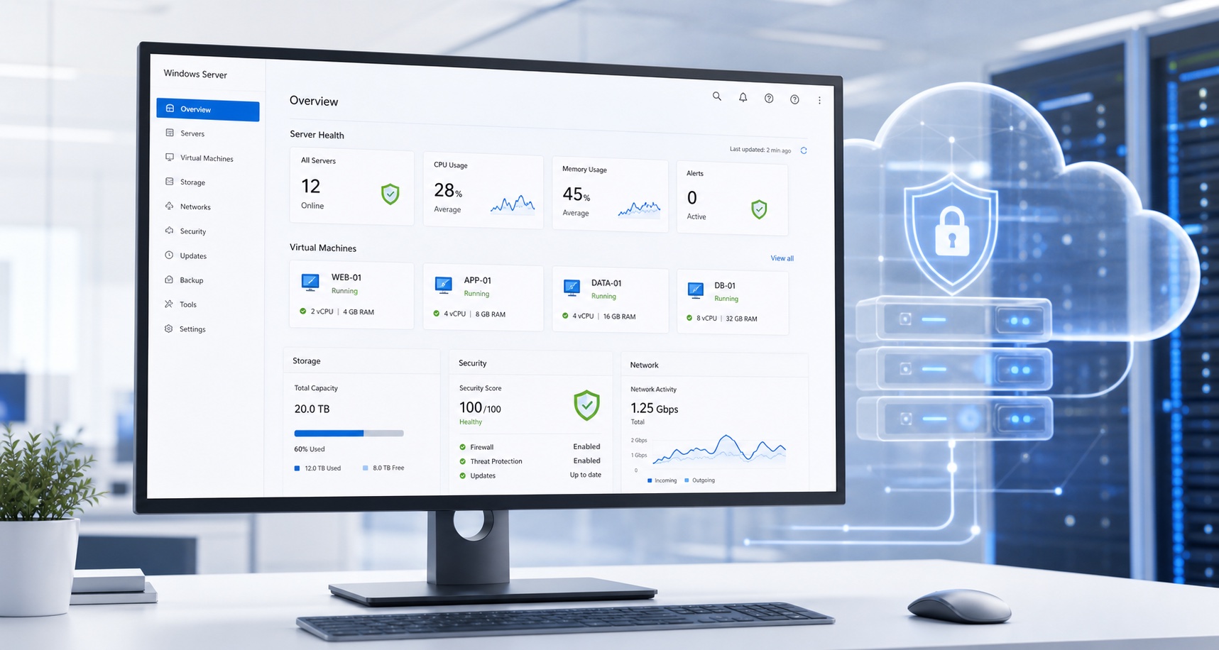 Windows Server management software showing virtual machines, storage, and security status